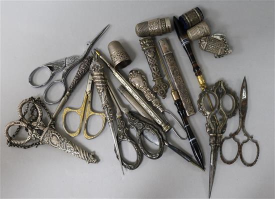 Two chatelaine scissors, various others and 19th century sewing items